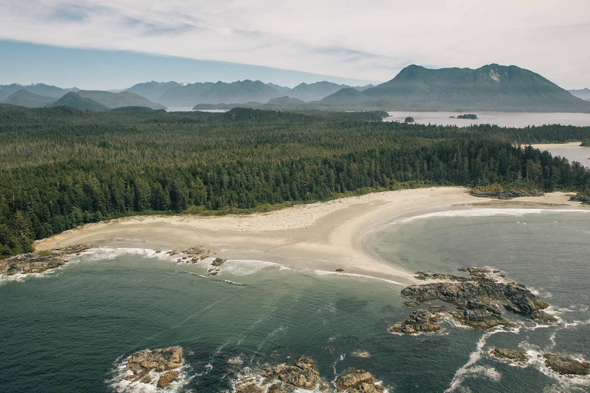 Aerial view of the ocean, beach and forests of Clayoquot Sound - Destination BC/Graeme Owsianski