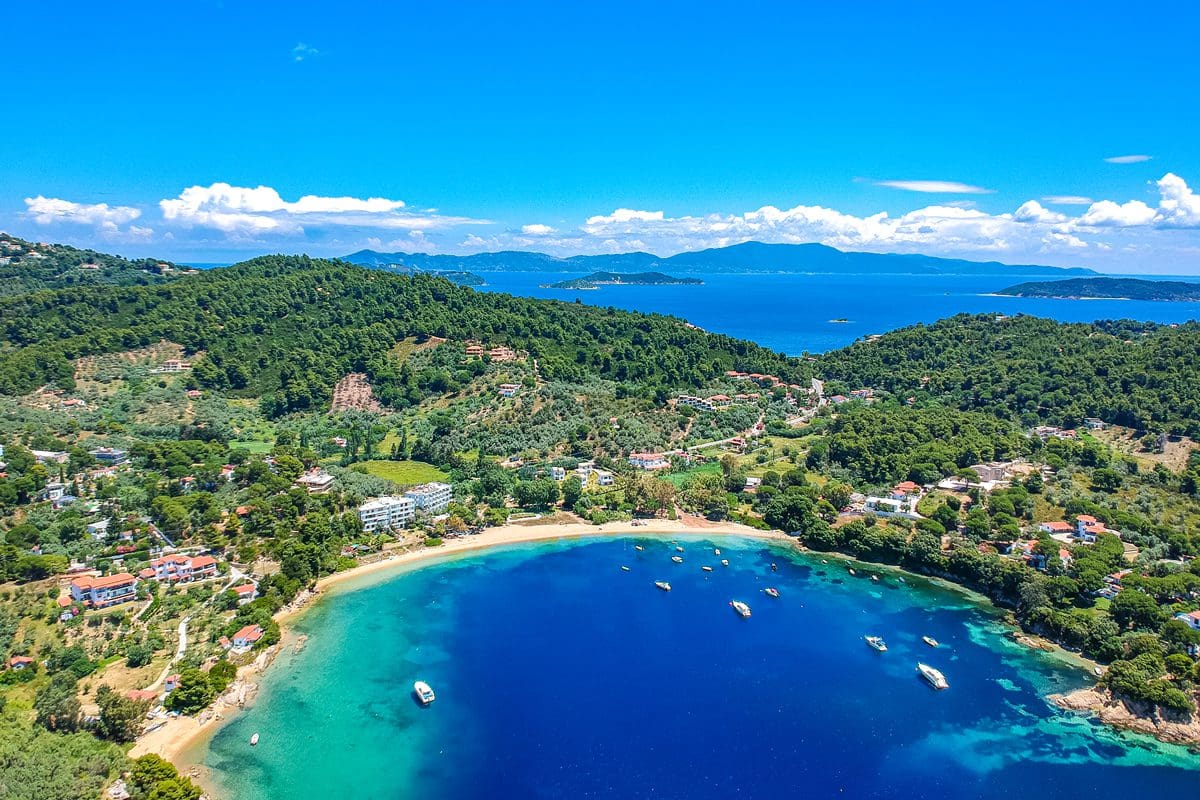 Aerial view of Agia Paraskevi Beach in southern Skiathos