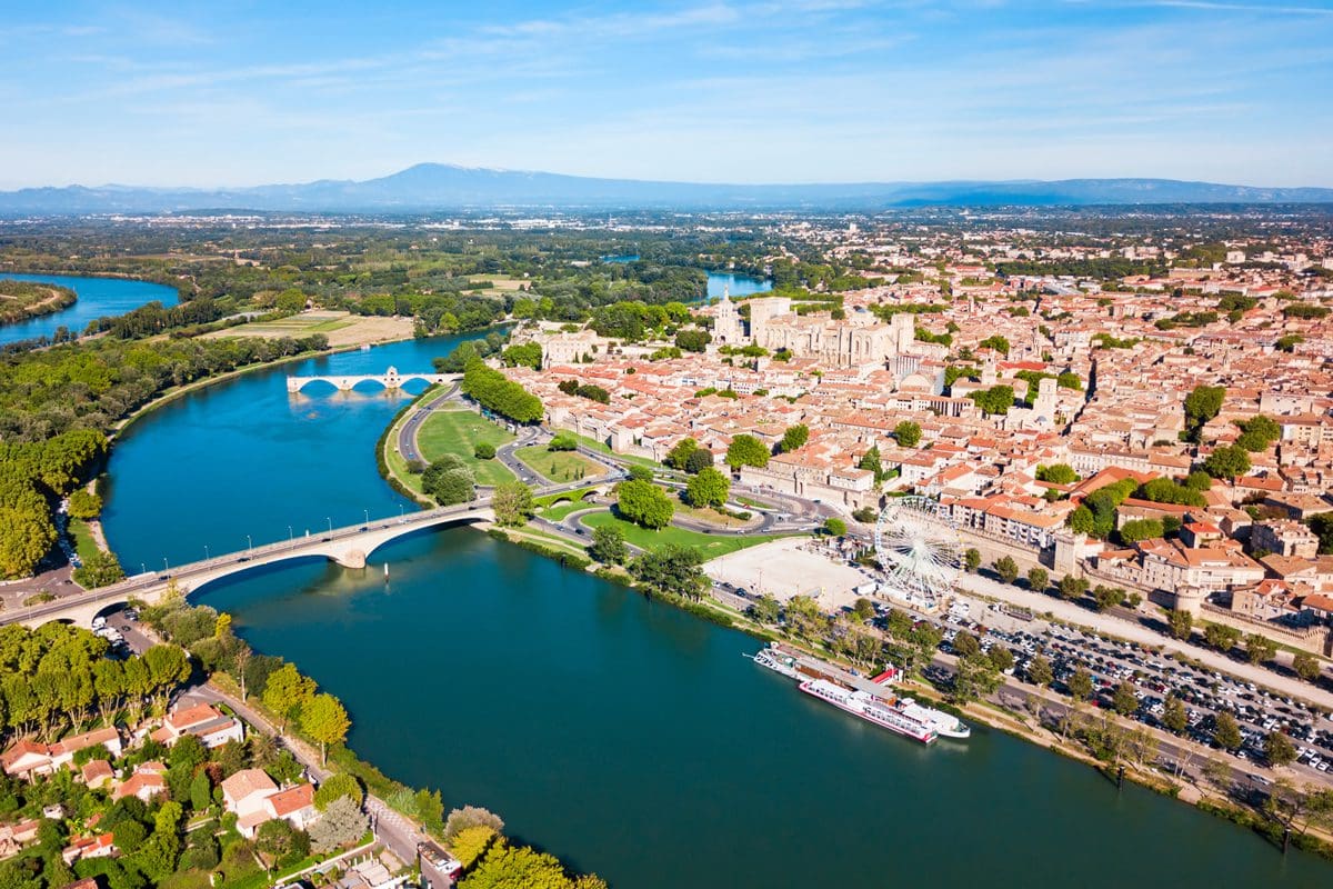 Avignon and Rhone River aerial view