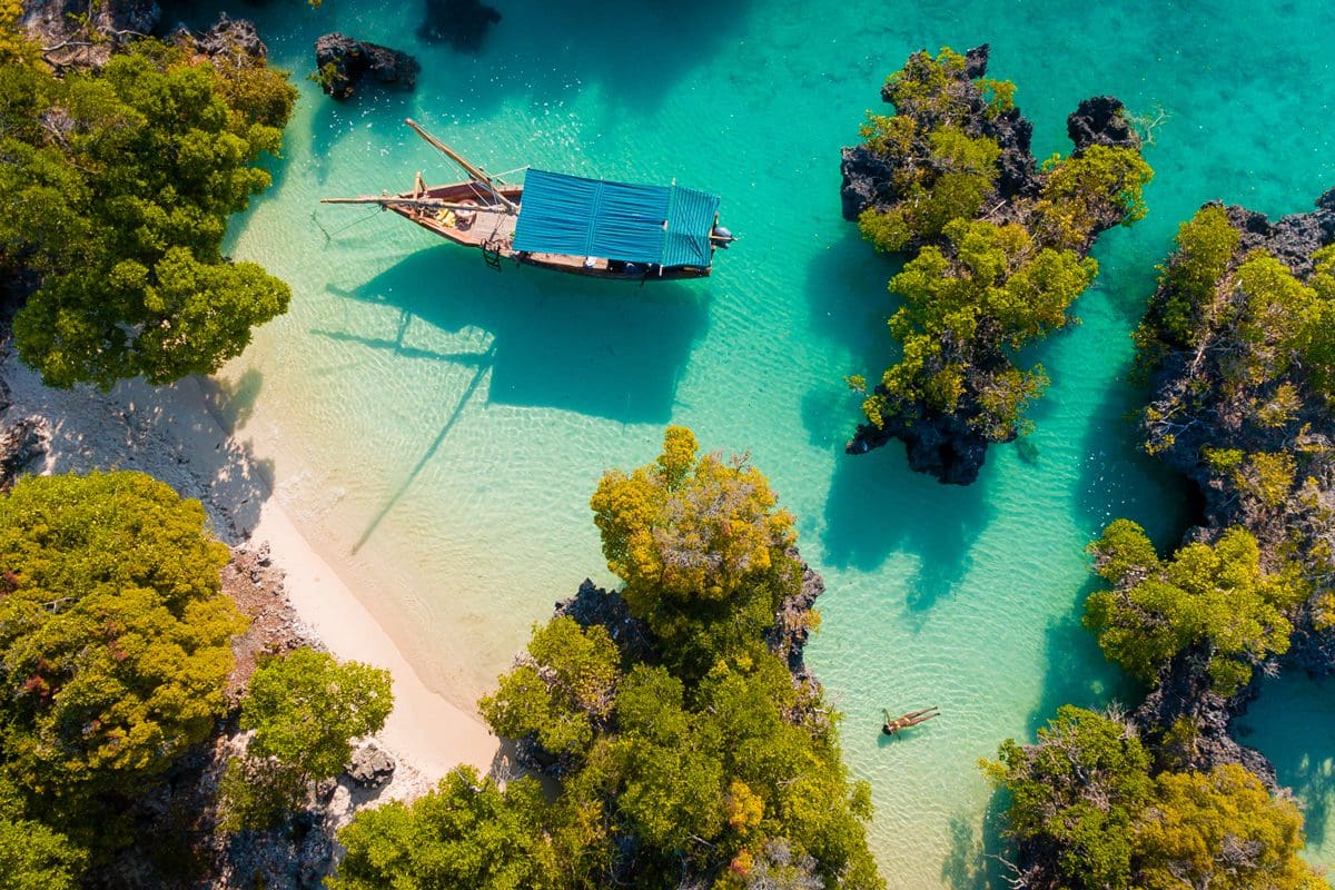 Aerial view of a boat at Pamunda Island, Zanzibar