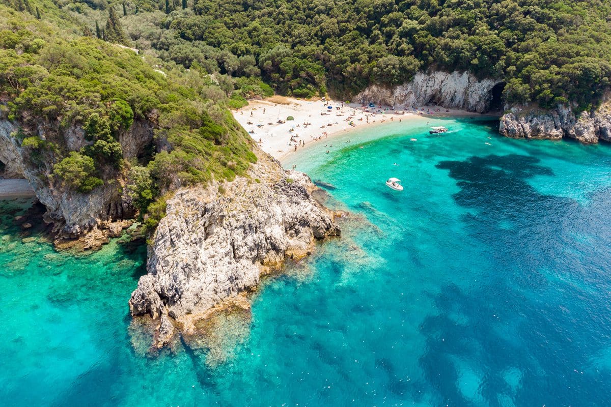 Aerial view of Rovinia Beach, Corfu