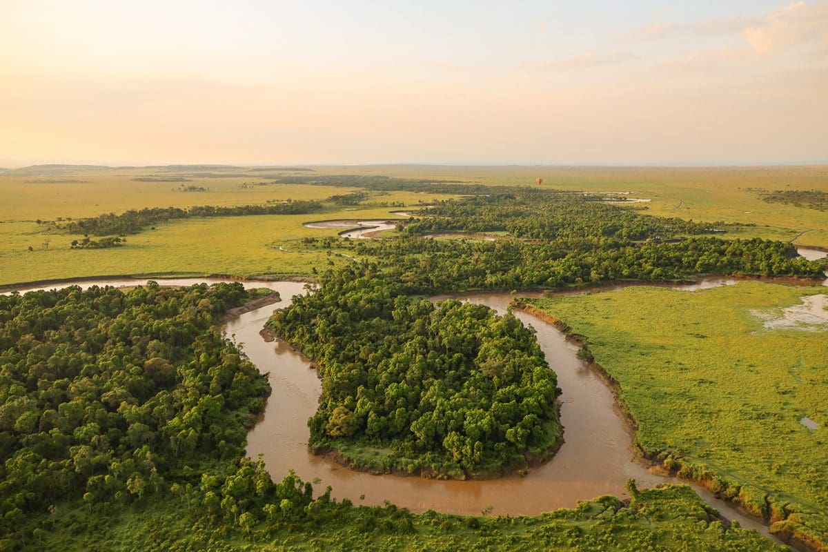 Aerial view taken from a hot air balloon of the Serengeti in Kenya