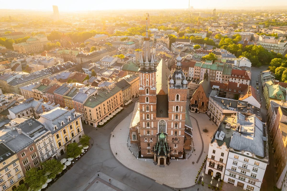 Aerial view of St Mary's Basilica in Rynek Glowny, Krakow