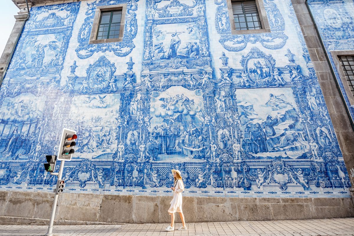 Blue ceramic tile facade in Portugal's port city of Porto