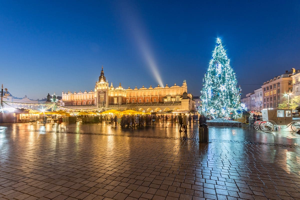 Christmas tree in the main market square of Krakow, Poland