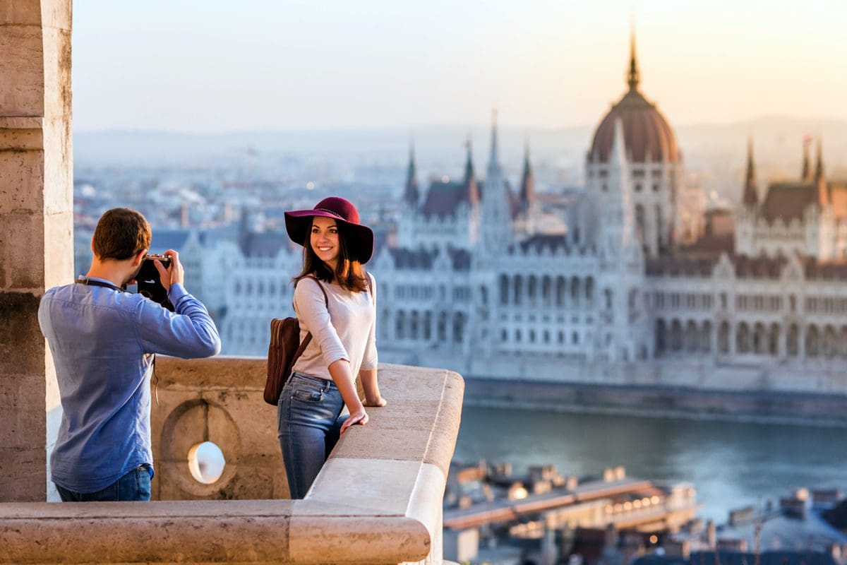 Couple at Fisherman Bastion viewpoint, Budapest
