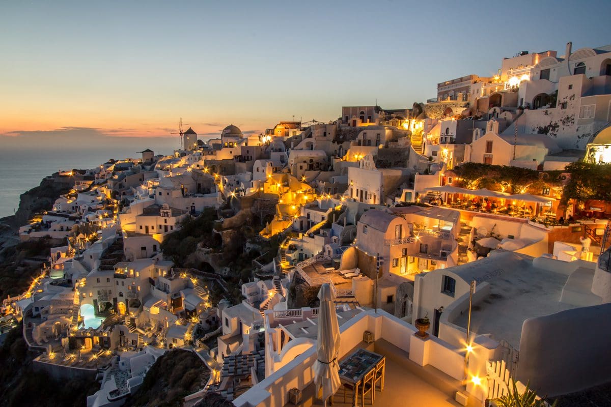 Dusk overlooking the Caldera buildings of Oia, Santorini