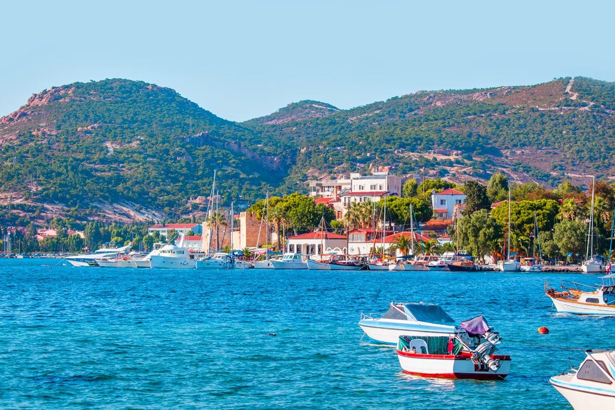 Boats in the marina of resort town Foca in Izmir, Turkey