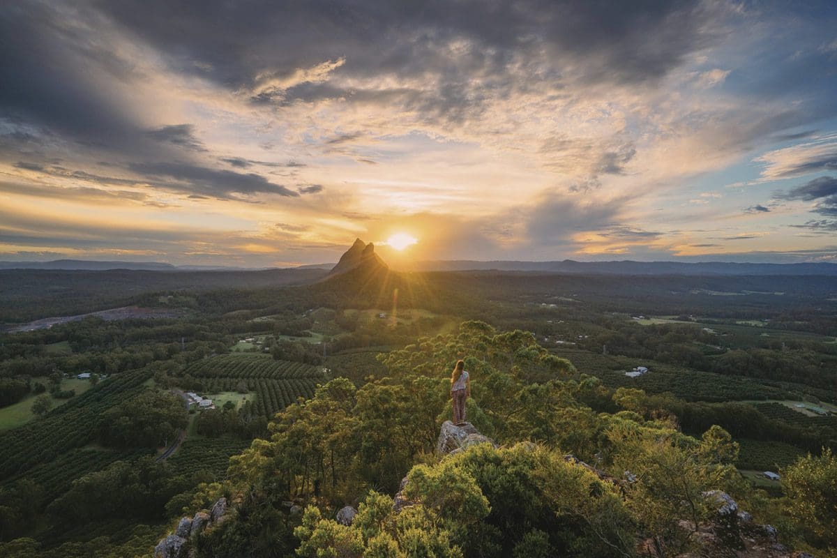 Viewing the Glass House Mountains from Mary Cairncross Lookout, Sunshine Coast - Tourism and Events Queensland/Jason Charles Hill Photography