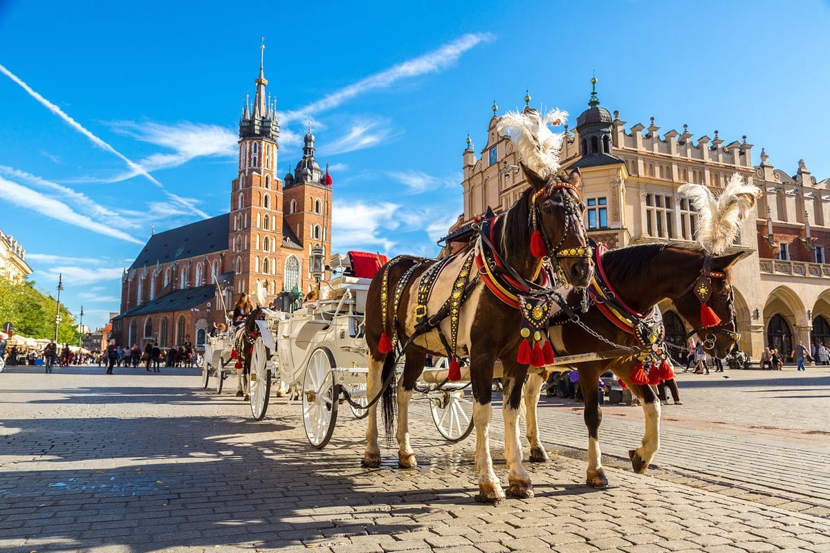 Horse drawn carriages in Krakow's main square in the summertime