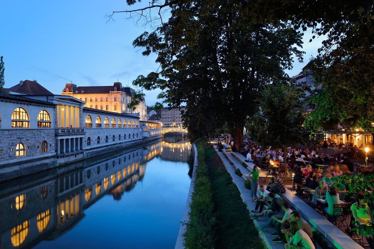 Ljubljana's central market area at night - Slovenia Tourism/Marin Kambic