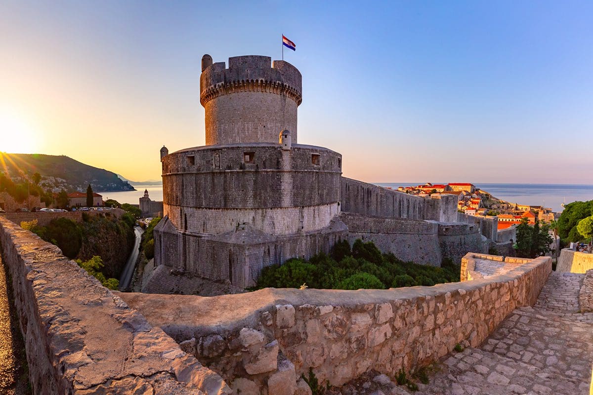 Minceta Tower and old harbour of Dubrovnik during sunrise