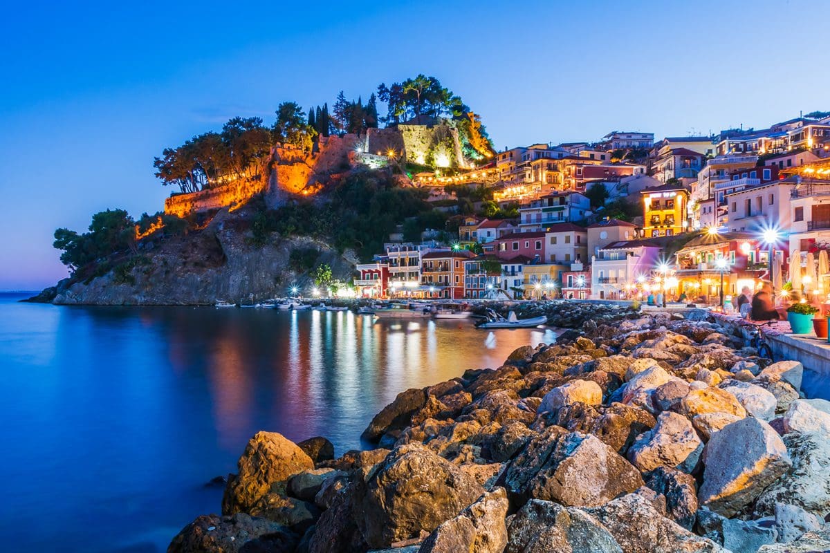 Resort town of Parga by night, Greece