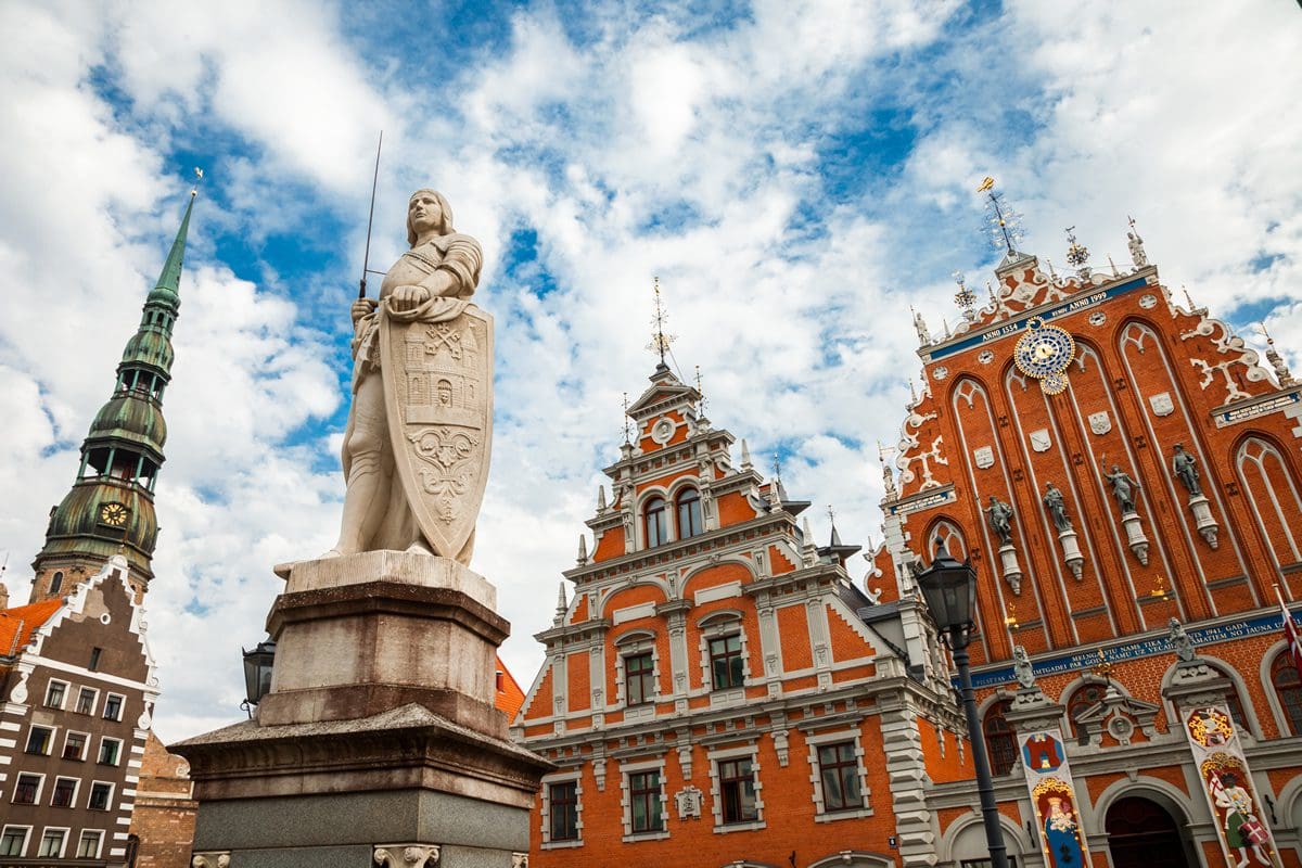 Saint Roland sculpture and Saint Peters Church, Riga
