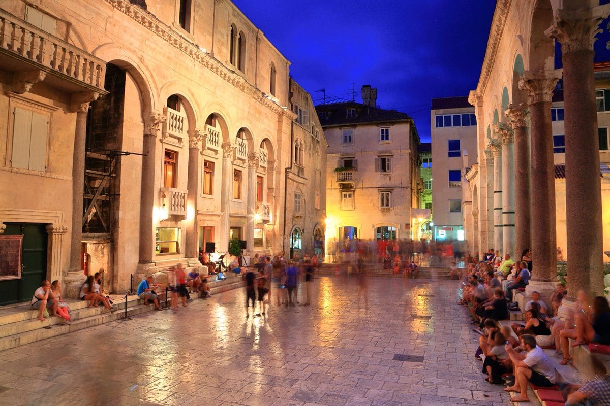 Tourists in the Old Town of Split, Croatia in the evening