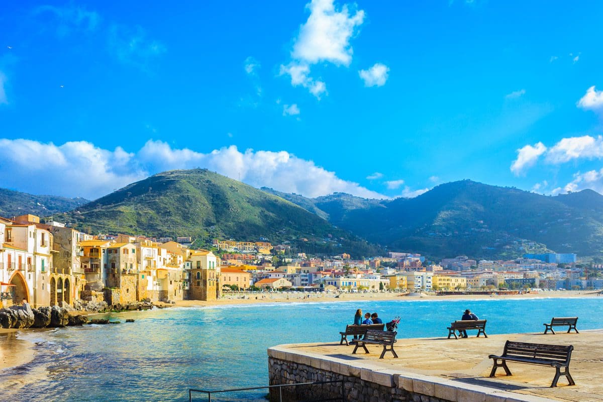 View of the beach town of Cefalu, Sicily