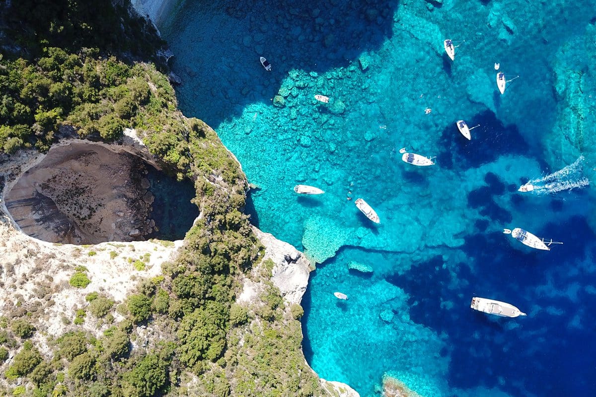 Aerial view of boats in Paxos