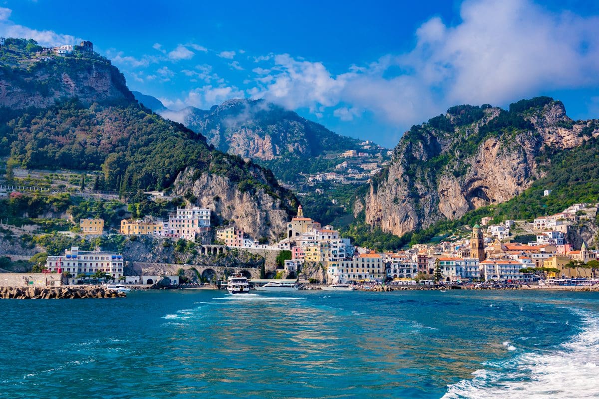 Amalfi coast views from the sea in Praiano