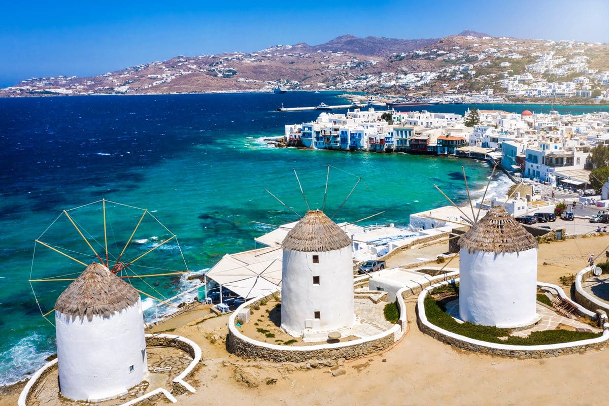 Windmills above Mykons Town with views of Little Venice