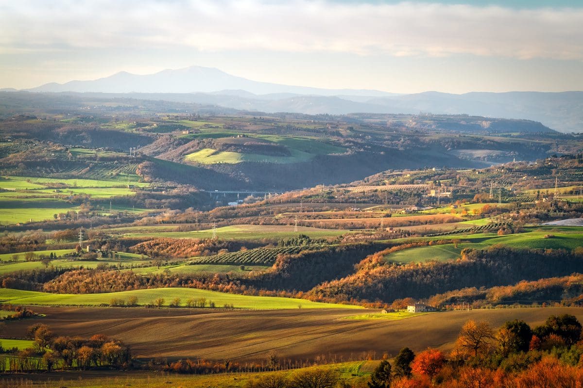 Winter scenery of farms and vineyards in Umbria, viewed from Guardea