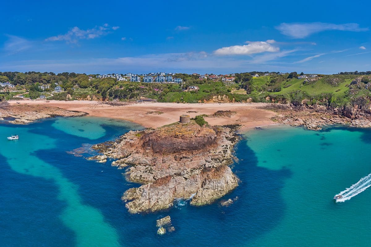Drone shot taken over Portelet Bay, Jersey