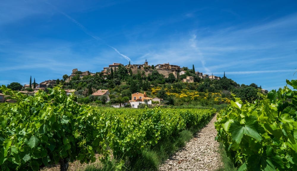 Scenic view the vineyards southern Cotes-du-Rhone Villages. Countryside landscape in Gordes, Vaucluse, Provence, France