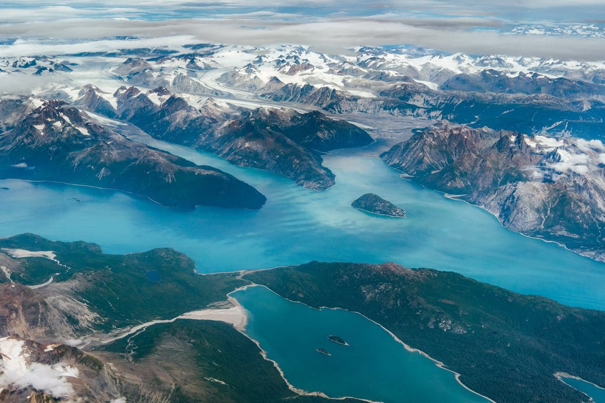 Aerial view of fjords between Anchorage and Juneau, Alaska