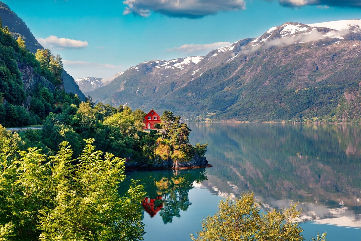 Red painted house in Hordaland's Hardangerfjord, Norway