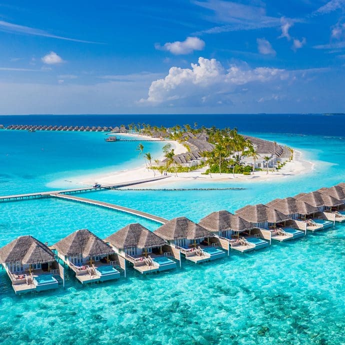 Aerial view of Maldives over-water villas