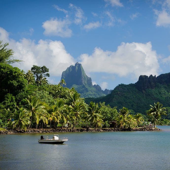 Cooks Bay and Moua Puta Mountain on Moorea, near Tahiti in the Cook Islands