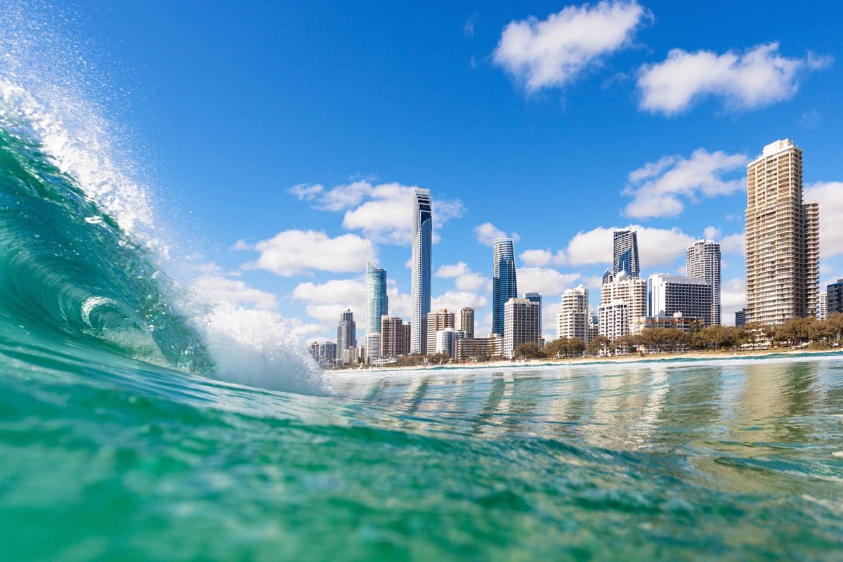Wave cresting in the waters of Surfers Paradise, Gold Coast Australia