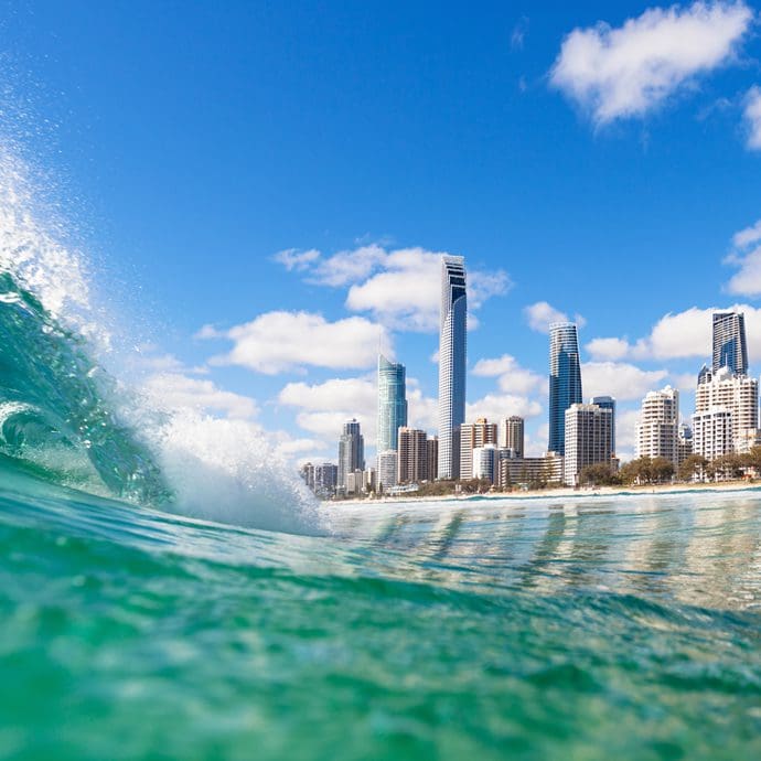 Wave cresting in the waters of Surfers Paradise, Gold Coast Australia