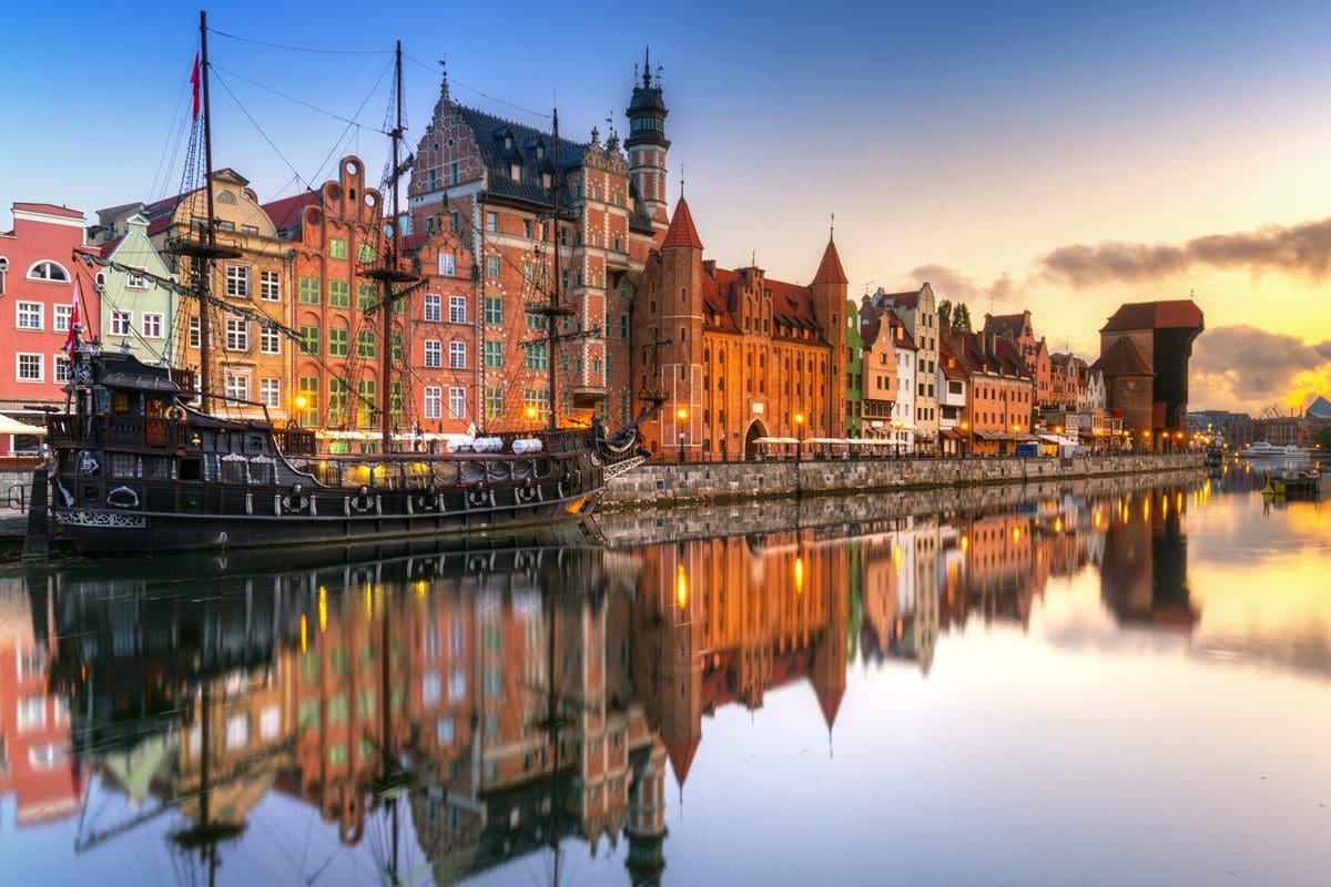 Motlawa River at sunrise in Gdansk