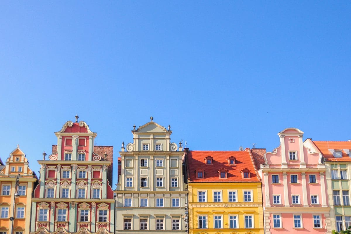 Tops of the buildings that surround historic Wroclaw's central market square