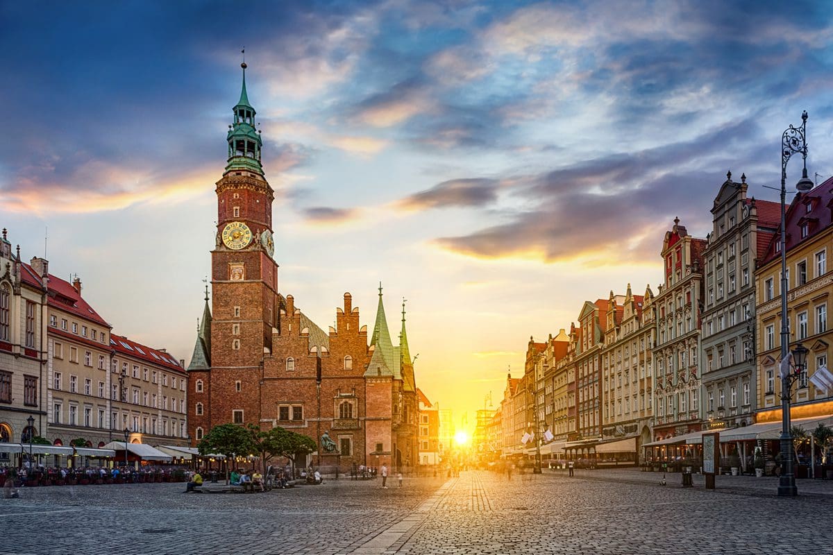 Sunset over Wroclaw central market square