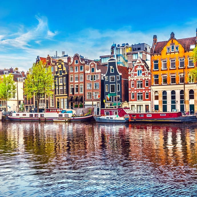 Houses overlooking River Amstel in Amsterdam