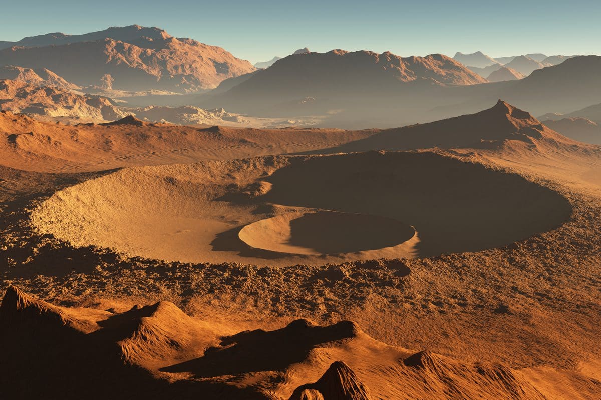Sunset over a Mars crater
