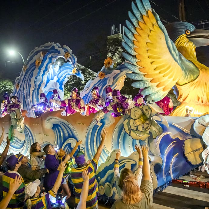 Krewe of Hermes float, Mardi Gras, New Orleans - Explore Louisiana/Tim Mueller Krewe of Hermes float, Mardi Gras, New Orleans - Explore Louisiana/Tim Mueller