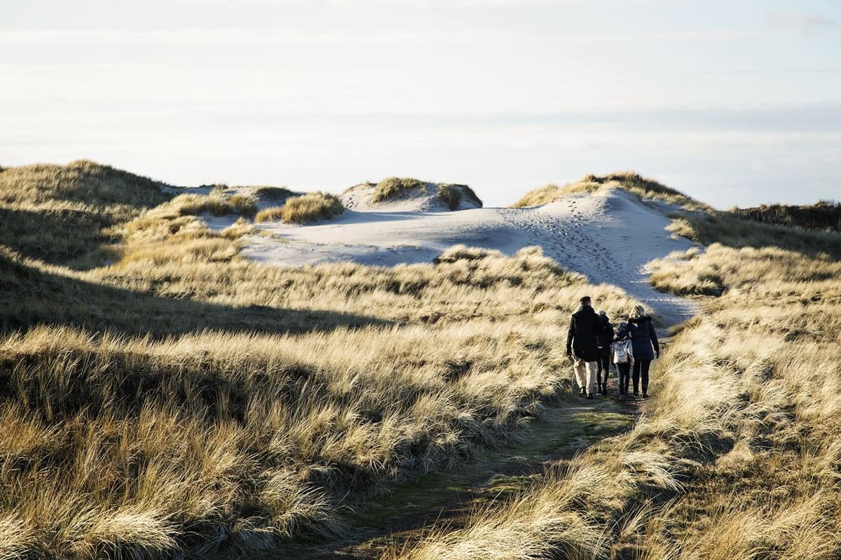 Family walking the dunes of Hvide Sande, West Jutland - Visit Denmark/Mikkel Heriba