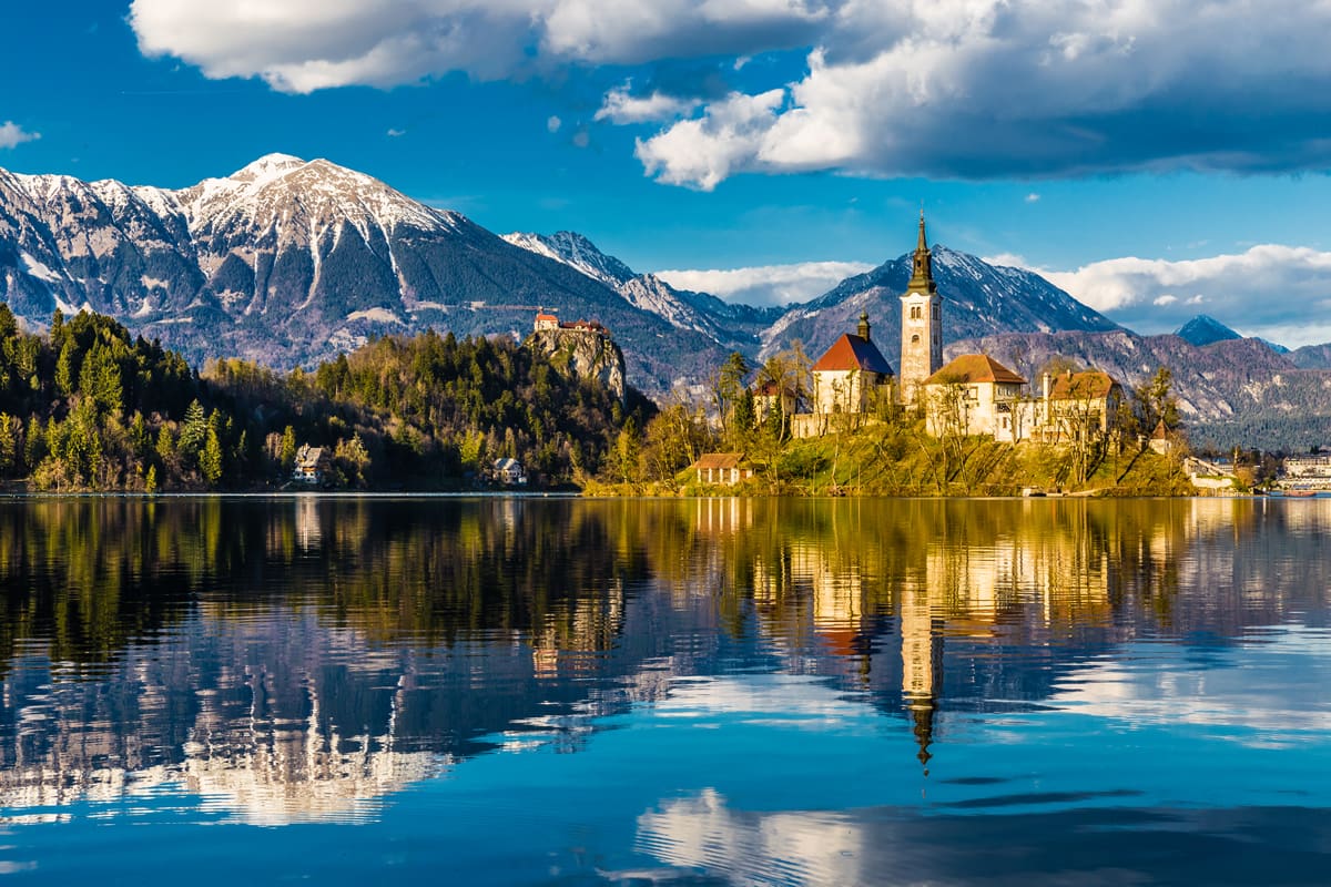 Lake Bled Slovenia castle and mountain view