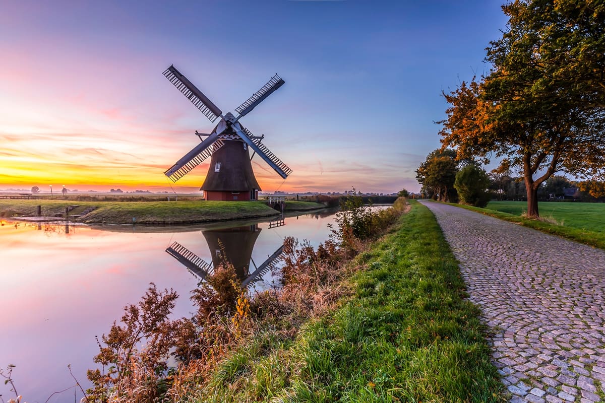 Windmill in the Netherlands at dawn