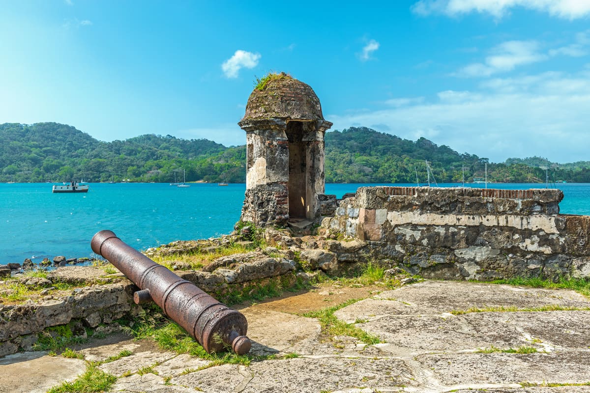 Old Spanish cannon by the Caribbean Sea in Panama