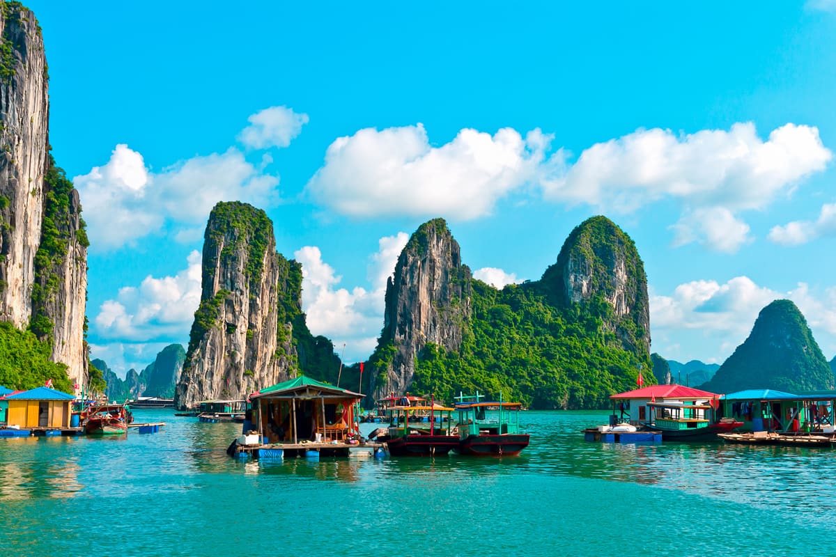 View of a floating village in Halong Bay, Vietnam