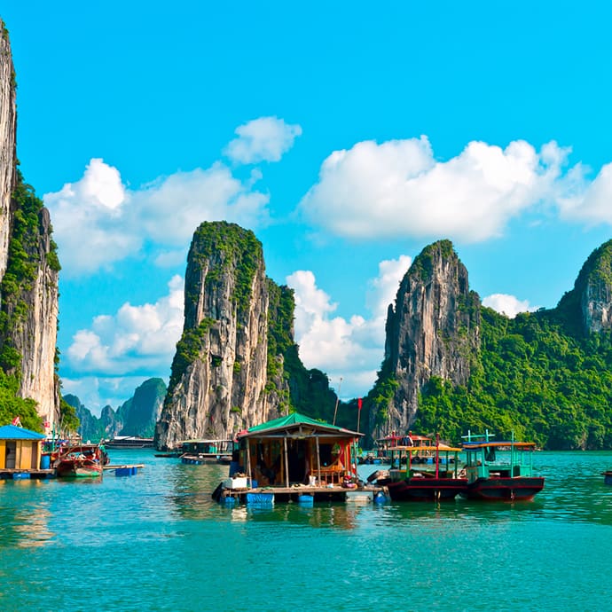View of a floating village in Halong Bay, Vietnam View of a floating village in Halong Bay, Vietnam