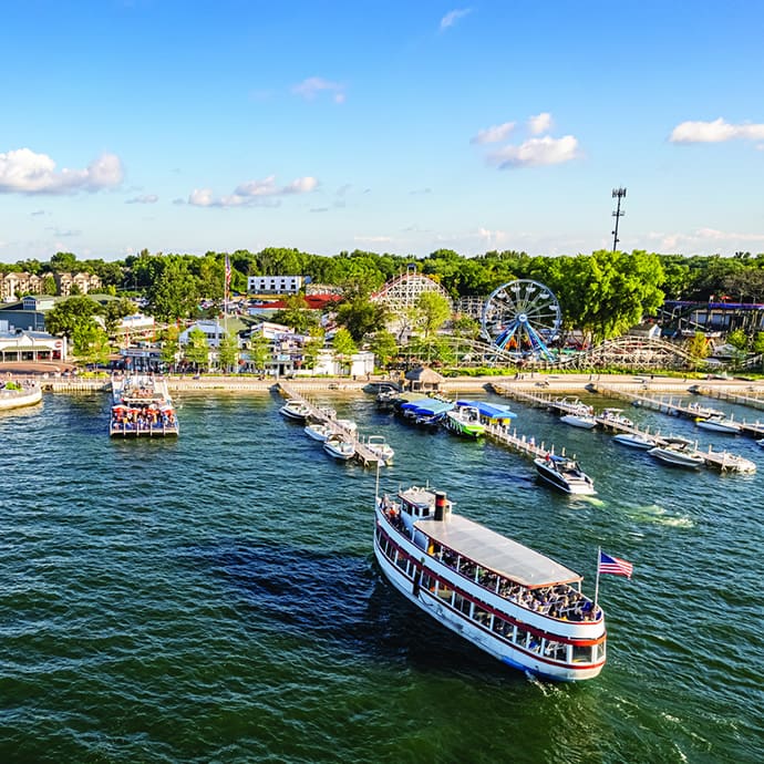 Arnolds Park Amusement Park situated on the shore of West Okoboji Lake - Travel Iowa/Vacation Okoboji/VisionAIRy Drone